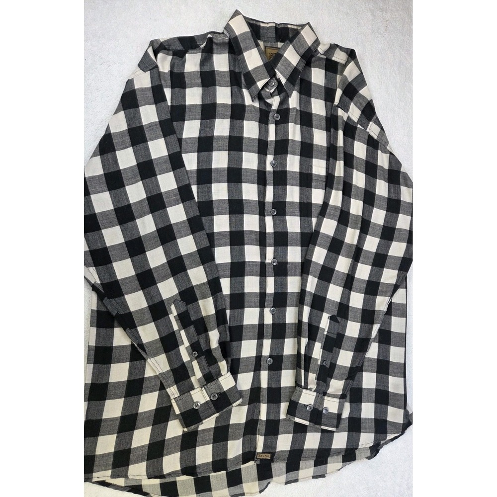 Bruno B Mens Plaid Lightweight Button Down Shirt Large Black Cream Buffalo Check